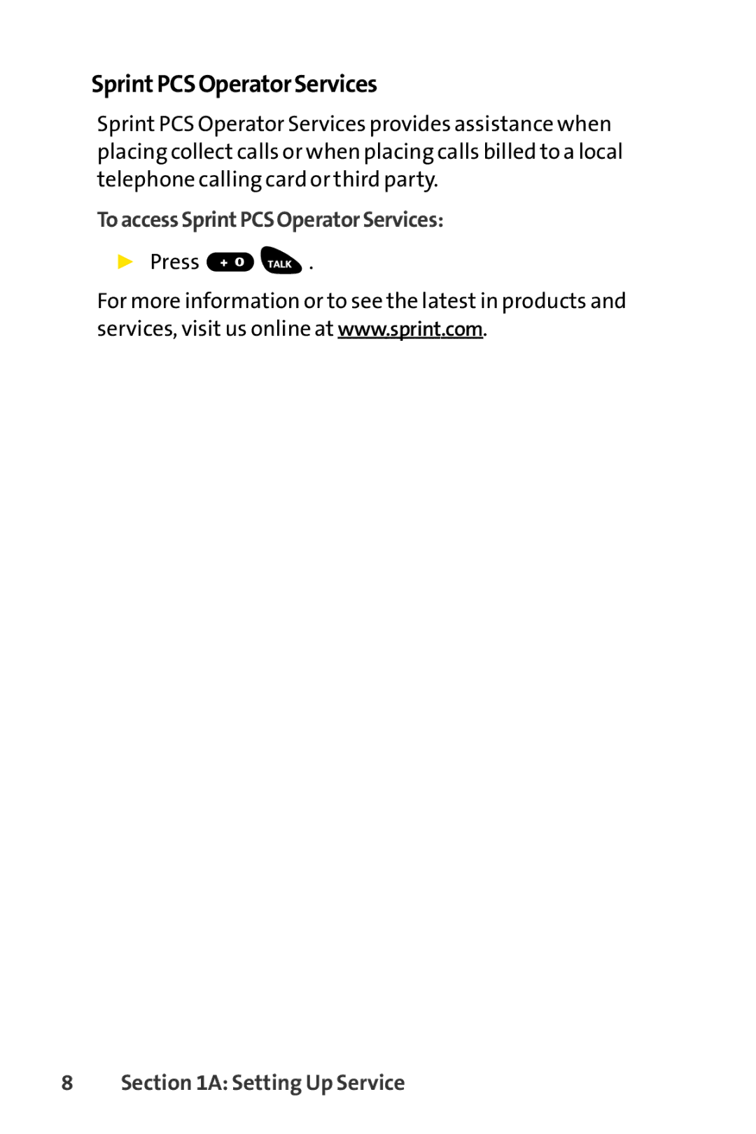 Sprint Nextel SCP-3100 manual ToaccessSprintPCSOperatorServices, Press 