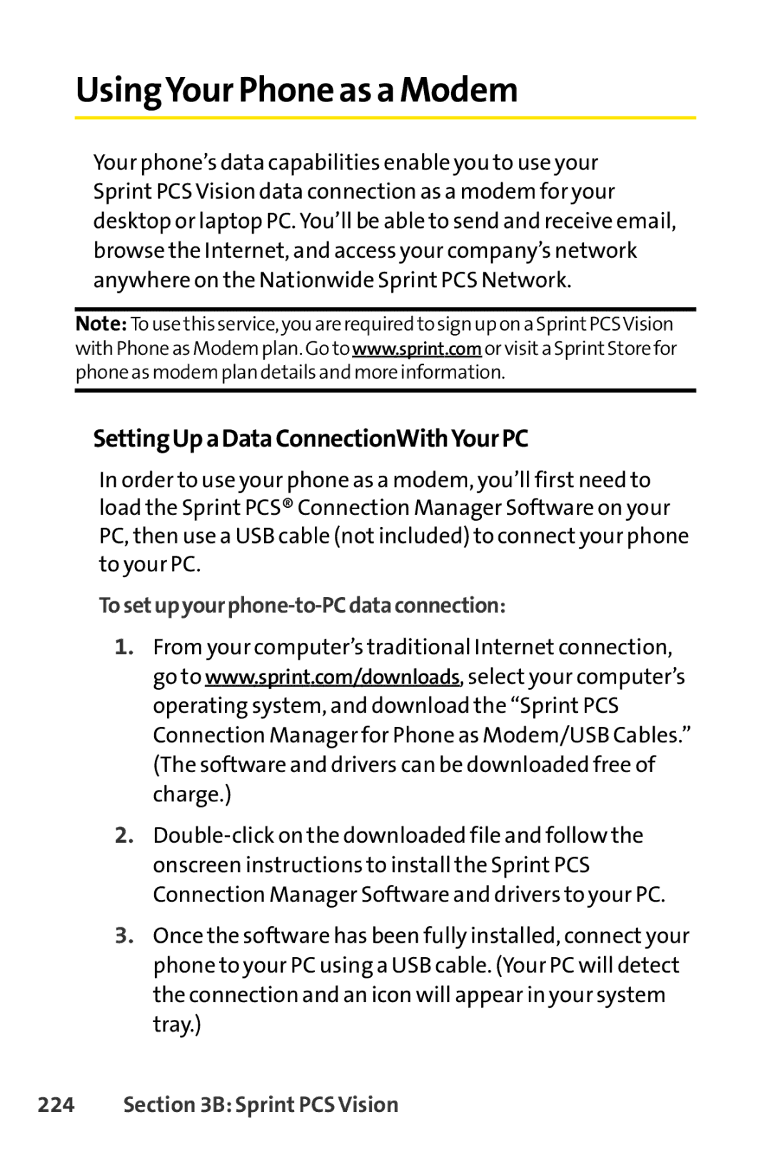 Sprint Nextel SCP-3100 manual UsingYour Phone as a Modem, SettingUpaDataConnectionWithYourPC 