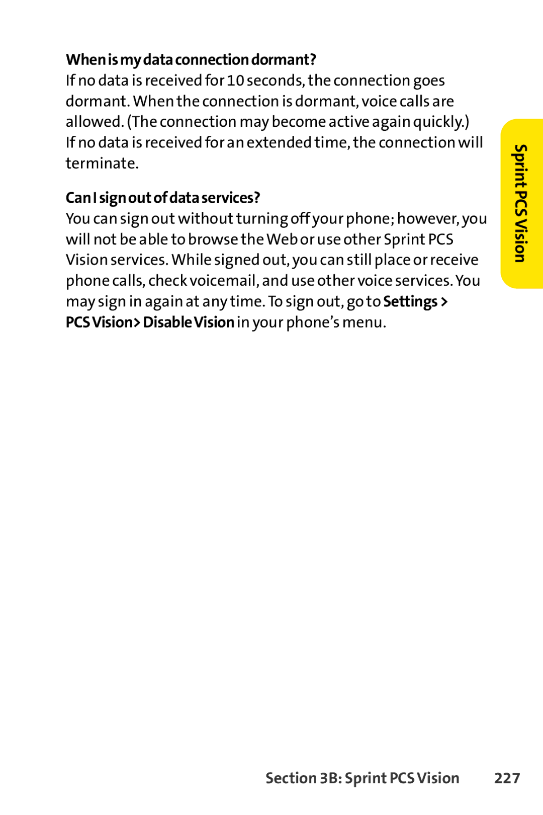 Sprint Nextel SCP-3100 manual Whenismydataconnectiondormant?, CanIsignoutofdataservices?, 227 
