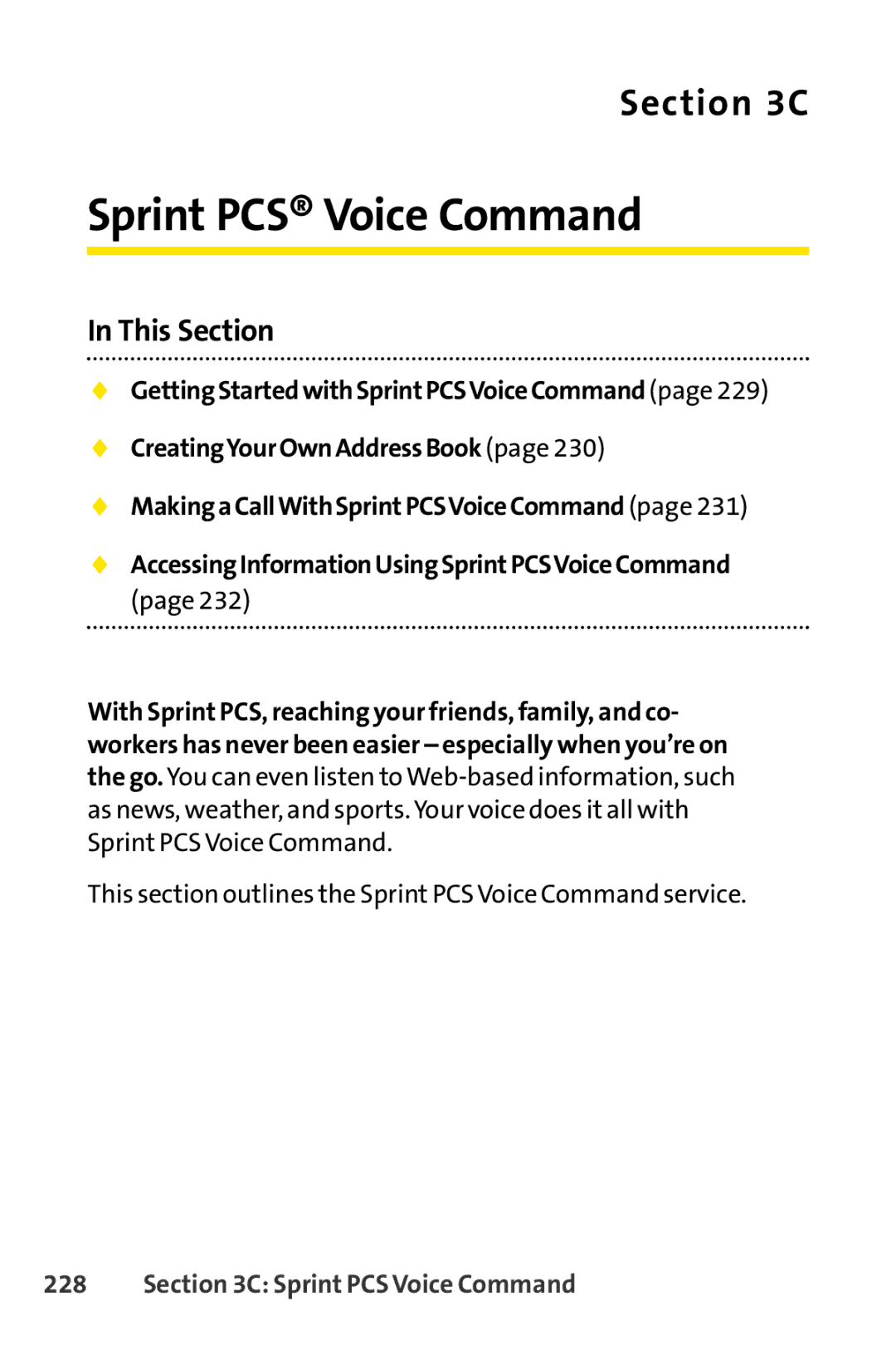 Sprint Nextel SCP-3100 manual Sprint PCS Voice Command, This section outlines the Sprint PCSVoice Command service 