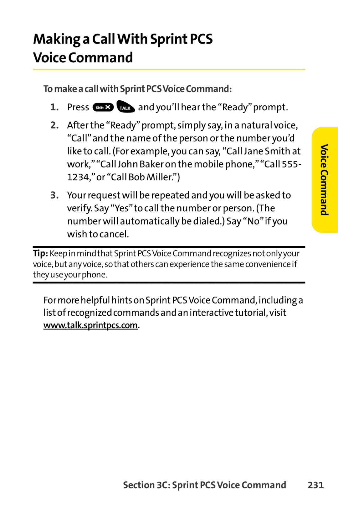 Sprint Nextel SCP-3100 manual TomakeacallwithSprintPCSVoiceCommand, 231 