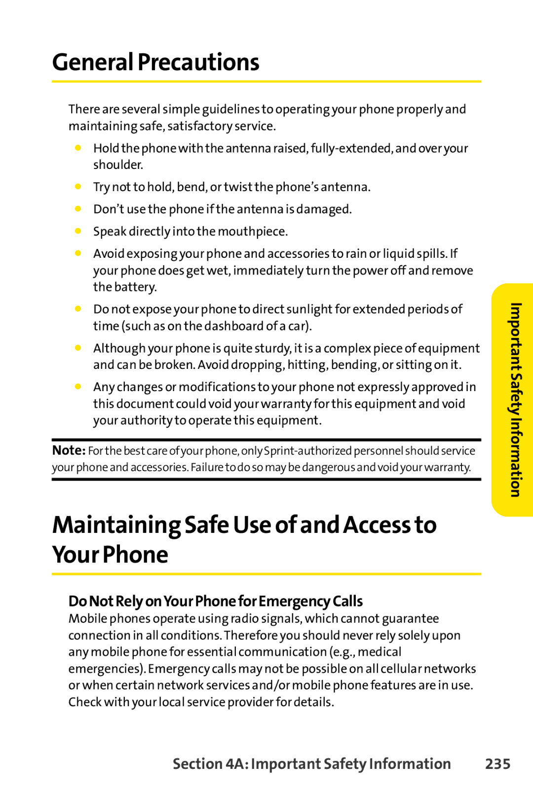 Sprint Nextel SCP-3100 General Precautions, Maintaining Safe Use of and Access to Your Phone, Important Safety Information 