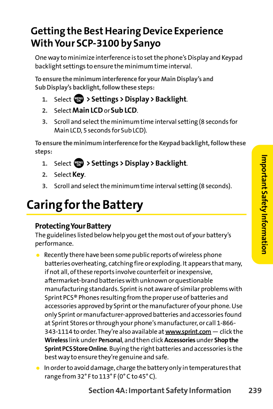 Sprint Nextel SCP-3100 manual Caring for the Battery, Select Settings Display Backlight, ProtectingYourBattery, 239 