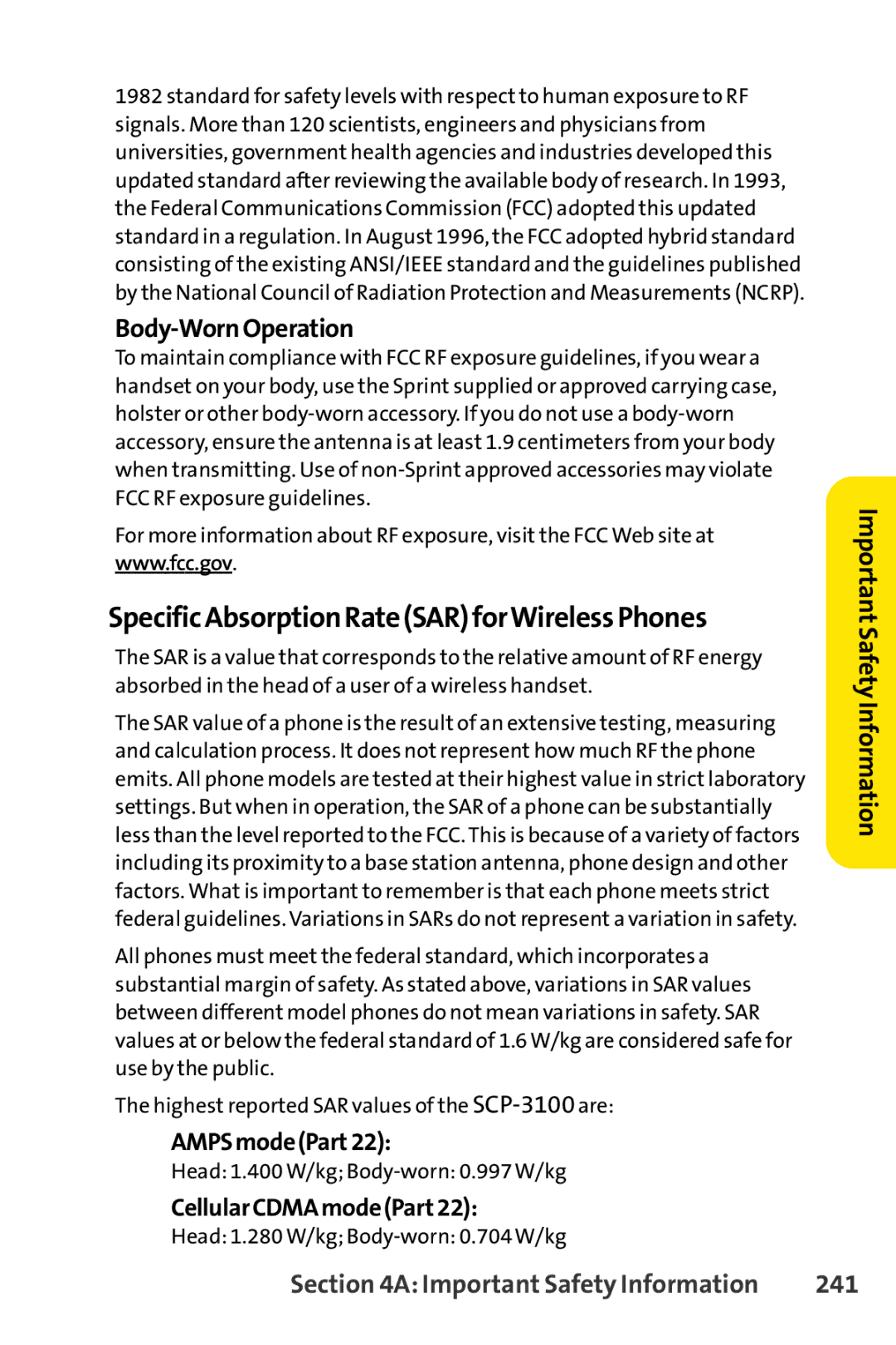 Sprint Nextel SCP-3100 manual SpecificAbsorptionRateSARforWirelessPhones, Body-WornOperation, AMPSmodePart22, 241 