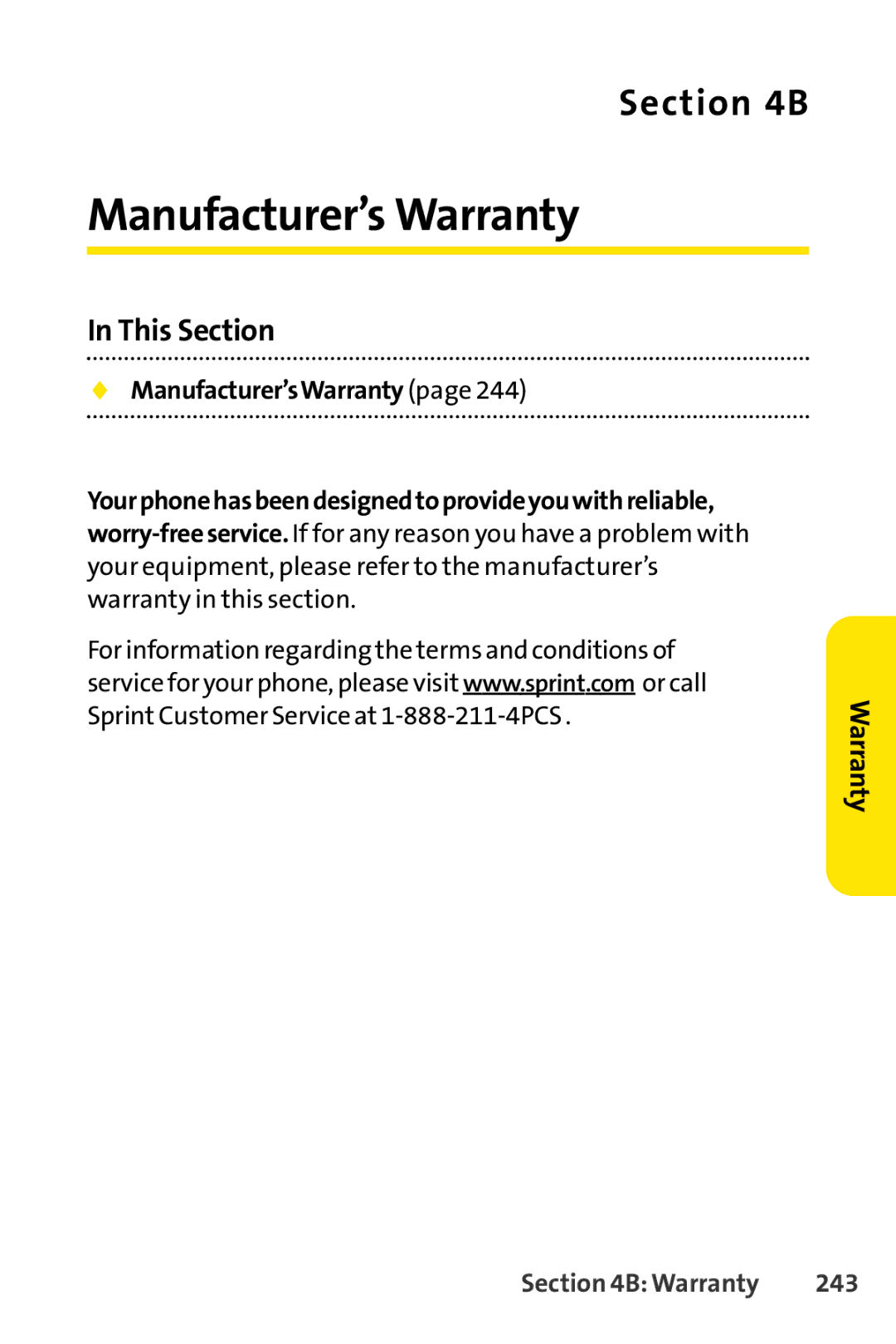 Sprint Nextel SCP-3100 manual Manufacturer’s Warranty, Manufacturer’sWarranty, Warranty 243 