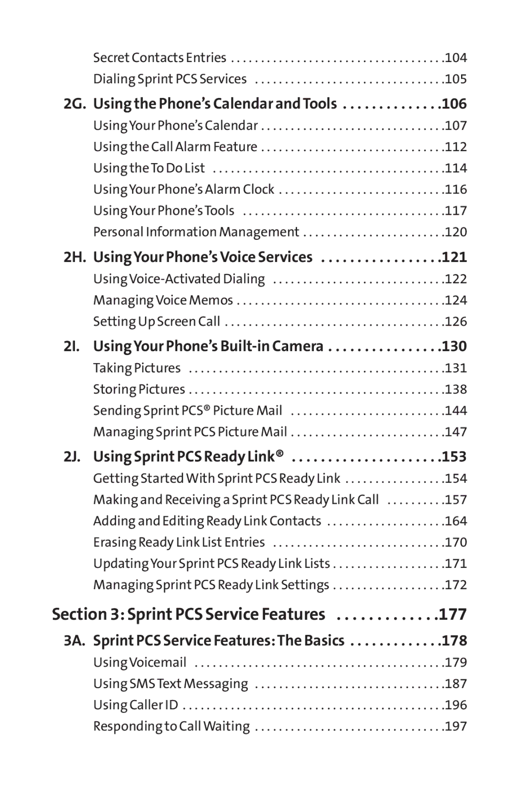 Sprint Nextel SCP-3100 manual 106, 121, 2I. Using Your Phone’s Built-in Camera, 2J. Using Sprint PCS Ready Link, 178 