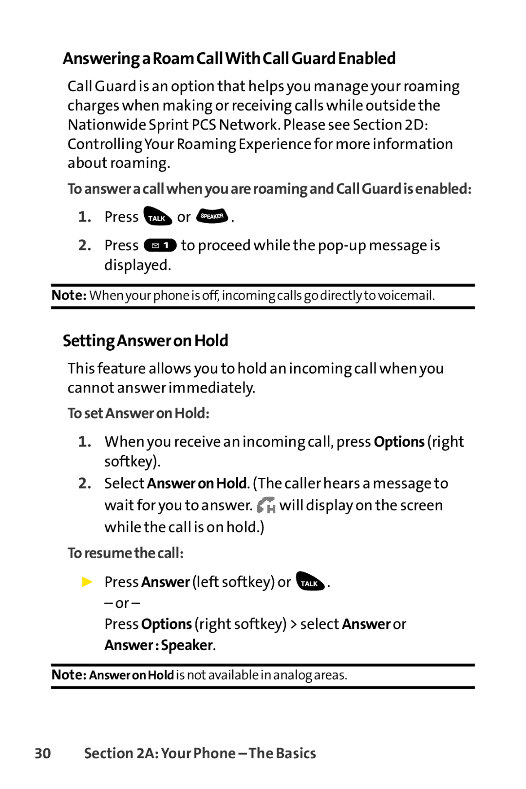 Sprint Nextel SCP-3100 AnsweringaRoamCallWithCallGuardEnabled, SettingAnsweronHold, TosetAnsweronHold, Toresumethecall 