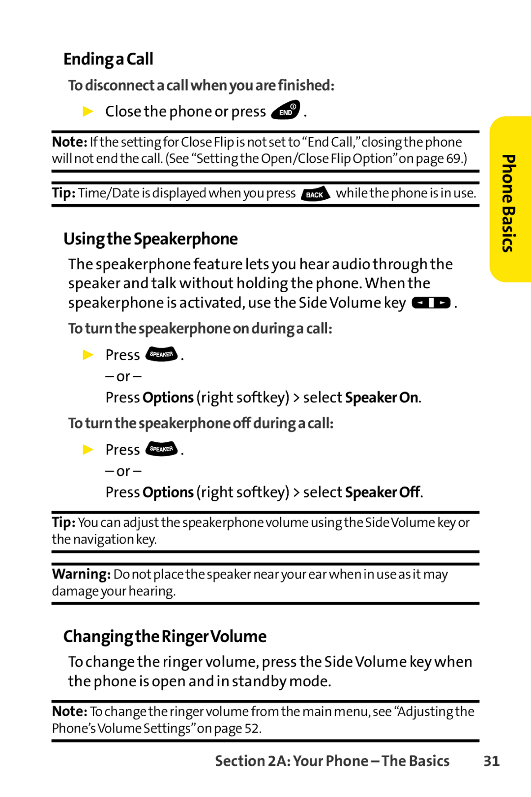 Sprint Nextel SCP-3100 manual EndingaCall, UsingtheSpeakerphone, ChangingtheRingerVolume 