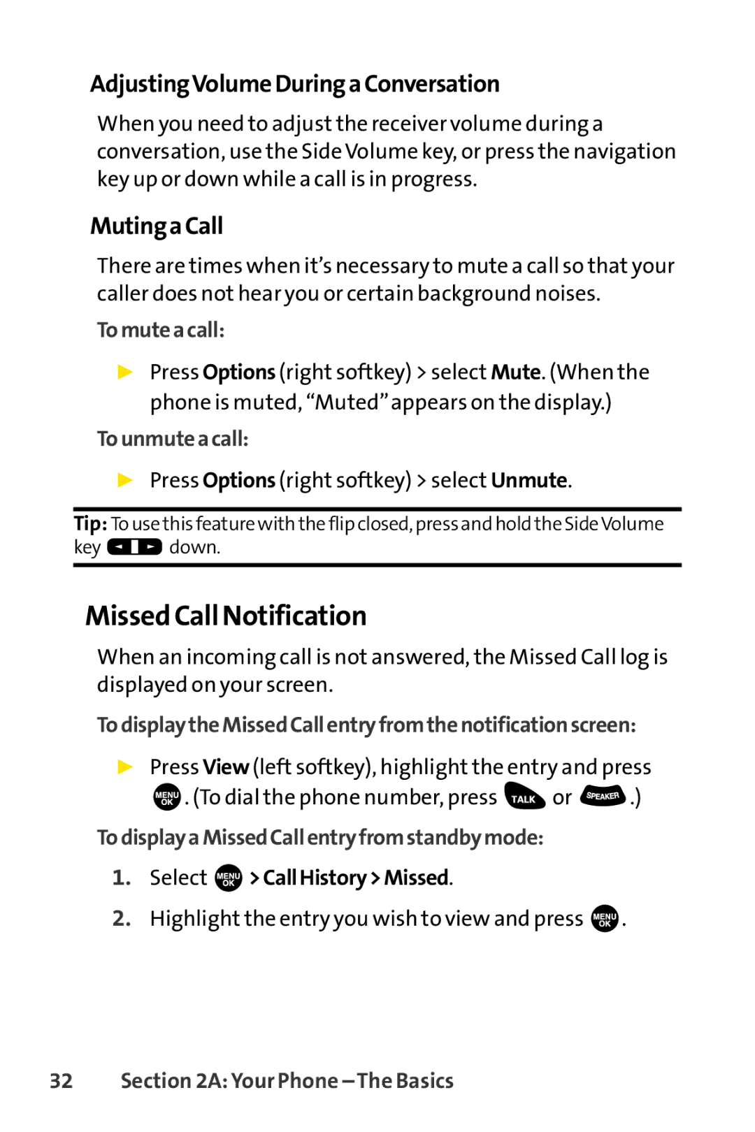 Sprint Nextel SCP-3100 manual Missed Call Notification, AdjustingVolumeDuringaConversation, MutingaCall 