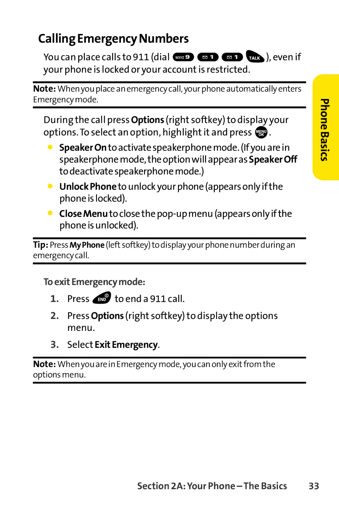 Sprint Nextel SCP-3100 manual Calling Emergency Numbers, You can place calls to 911 dial Wxyz, ToexitEmergencymode 