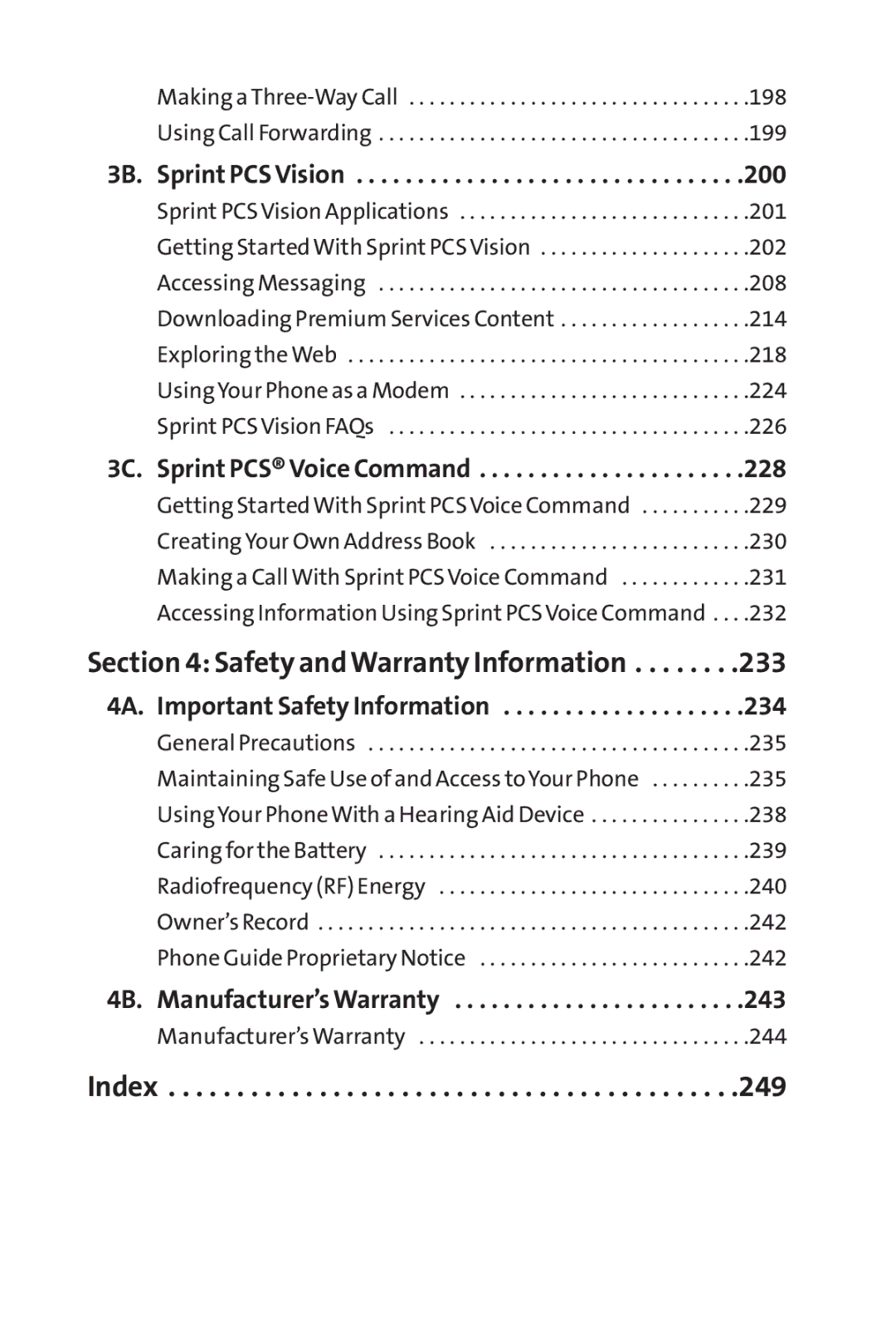 Sprint Nextel SCP-3100 manual 3B. Sprint PCS Vision, 3C. Sprint PCS Voice Command, 4A. Important Safety Information 