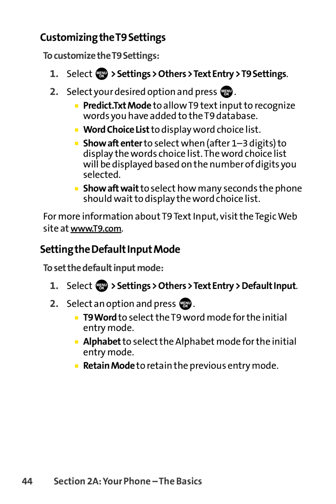 Sprint Nextel SCP-3100 manual CustomizingtheT9Settings, SettingtheDefaultInputMode, TocustomizetheT9Settings 