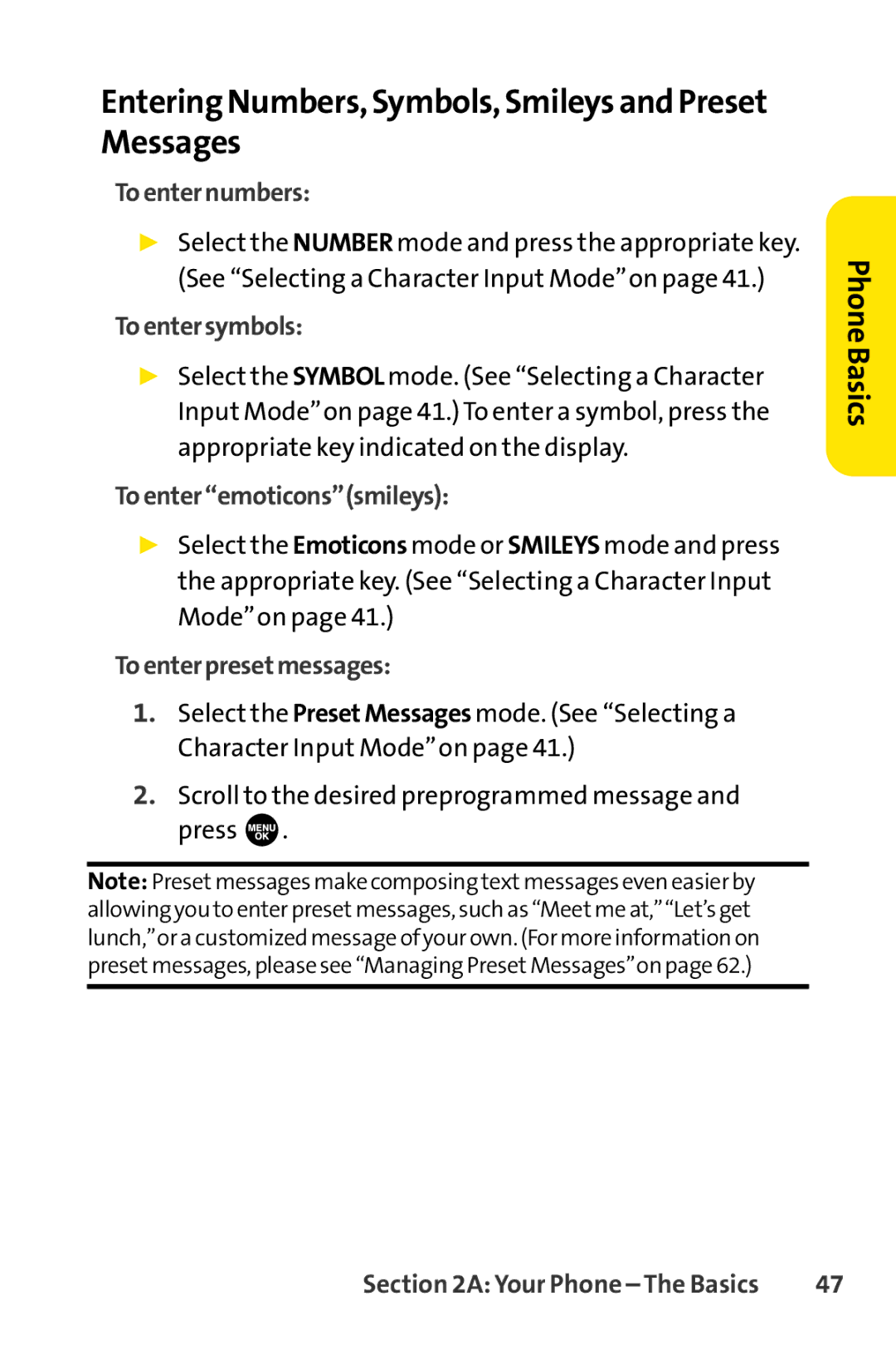 Sprint Nextel SCP-3100 manual Entering Numbers, Symbols, Smileys and Preset Messages, Toenternumbers, Toentersymbols 