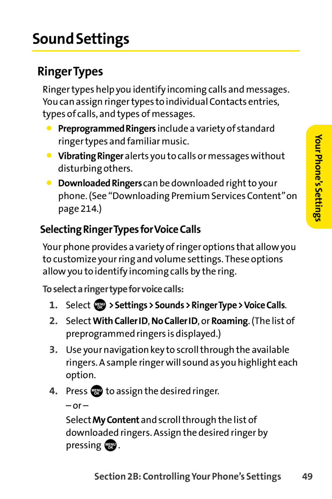 Sprint Nextel SCP-3100 manual Sound Settings, SelectingRingerTypesforVoiceCalls, Toselectaringertypeforvoicecalls 