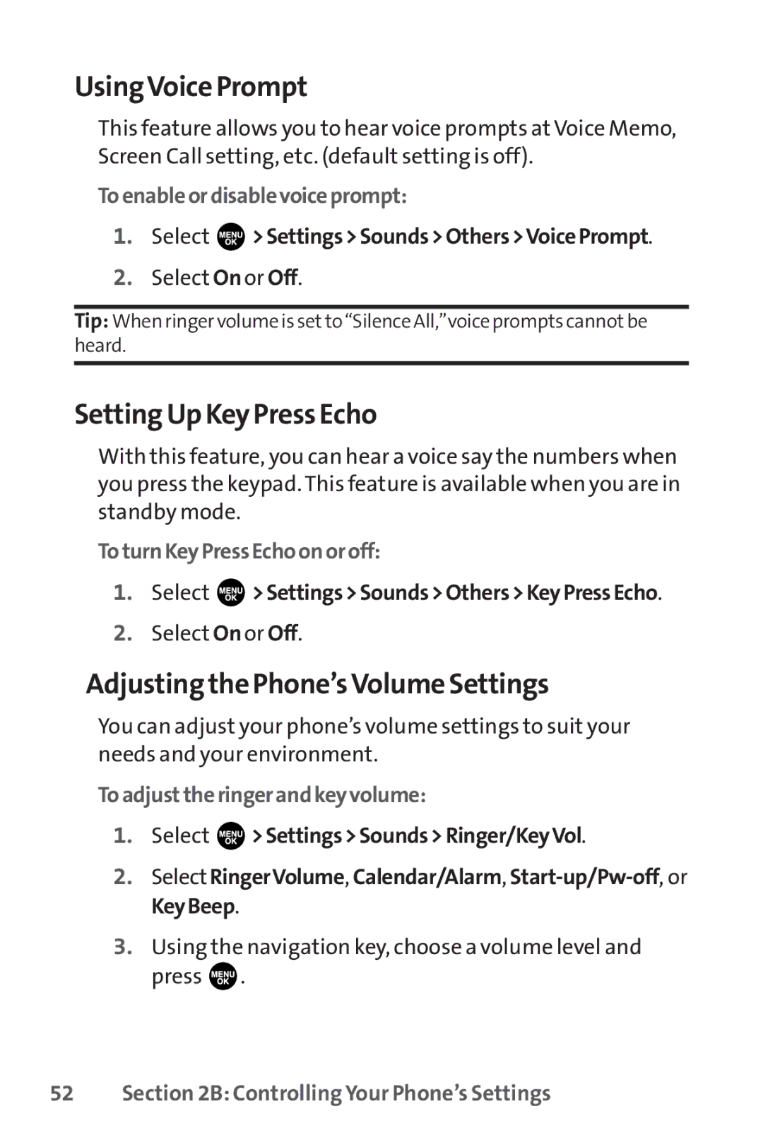 Sprint Nextel SCP-3100 manual UsingVoice Prompt, Setting Up Key Press Echo, Adjusting the Phone’s VolumeSettings 