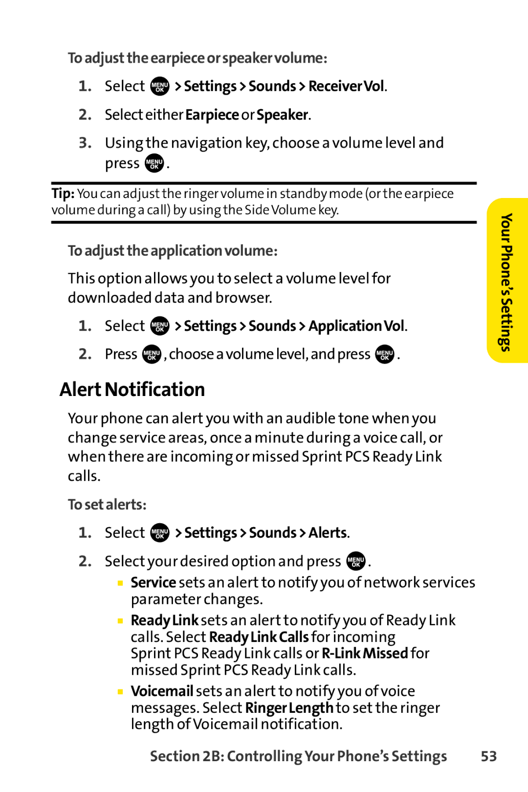 Sprint Nextel SCP-3100 Alert Notification, Toadjusttheearpieceorspeakervolume, Toadjusttheapplicationvolume, Tosetalerts 