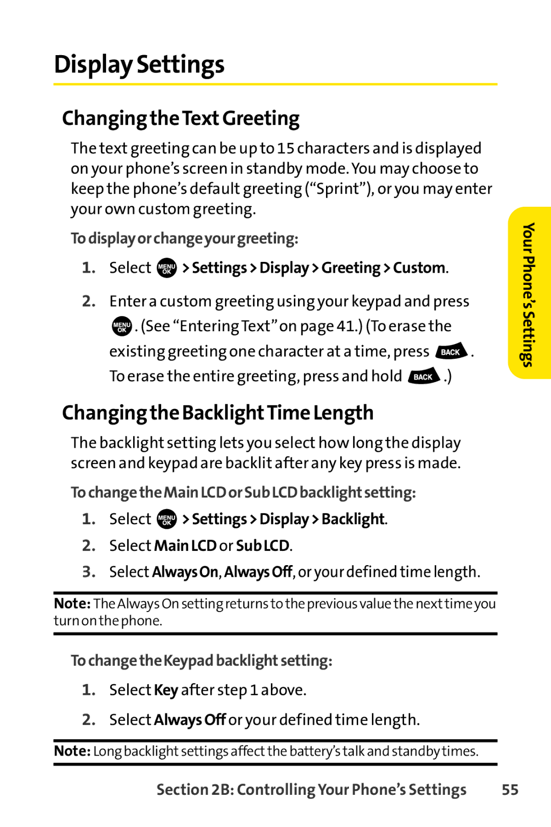 Sprint Nextel SCP-3100 manual Display Settings, Changing the TextGreeting, Changing the BacklightTime Length 