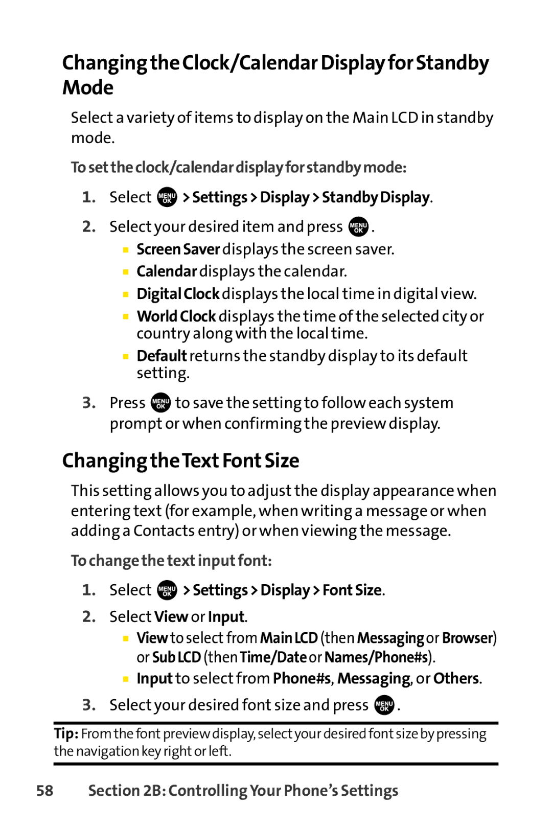 Sprint Nextel SCP-3100 manual Changing the Clock/Calendar Display for Standby Mode, Changing theTextFontSize 