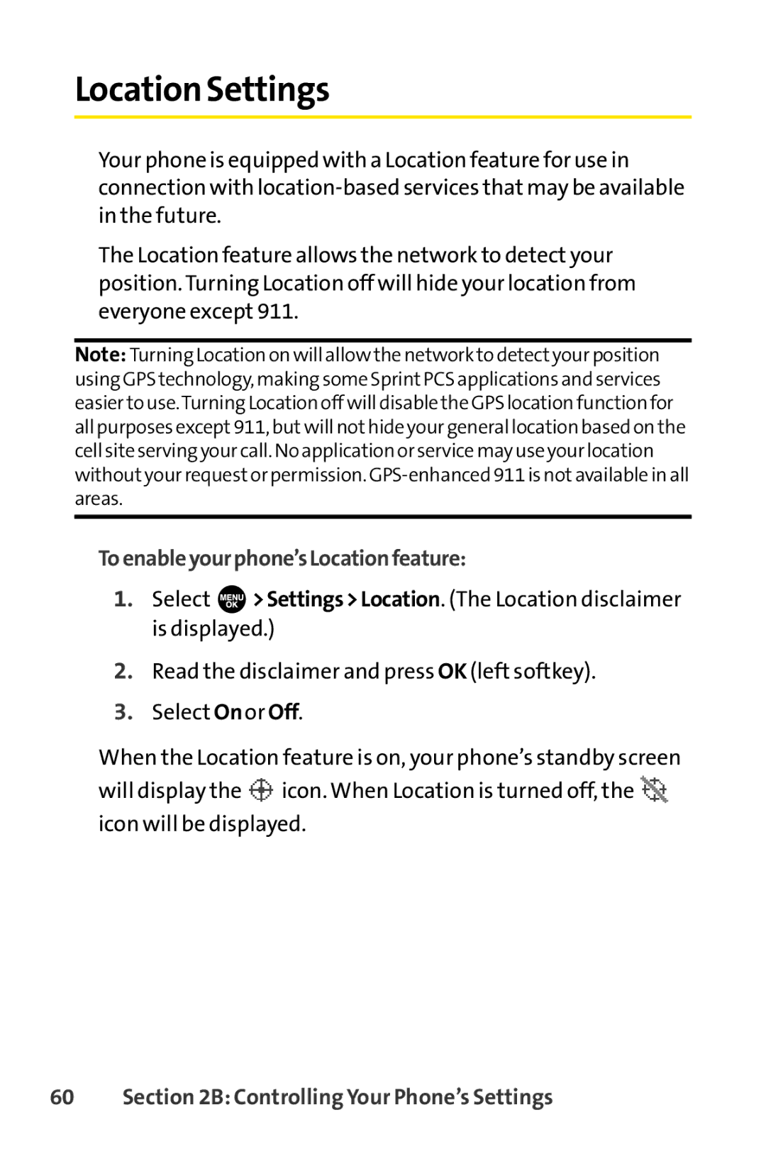 Sprint Nextel SCP-3100 manual Location Settings, Toenableyourphone’sLocationfeature 