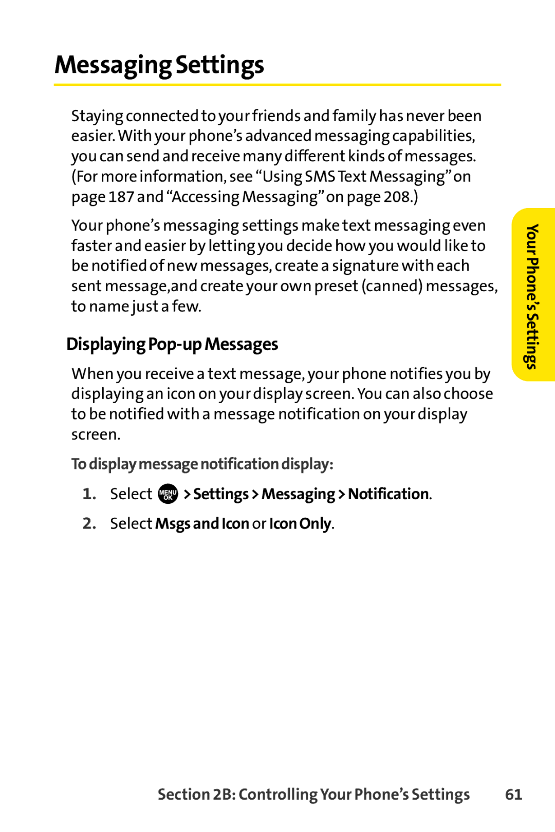 Sprint Nextel SCP-3100 manual Messaging Settings, DisplayingPop-upMessages, Todisplaymessagenotificationdisplay 
