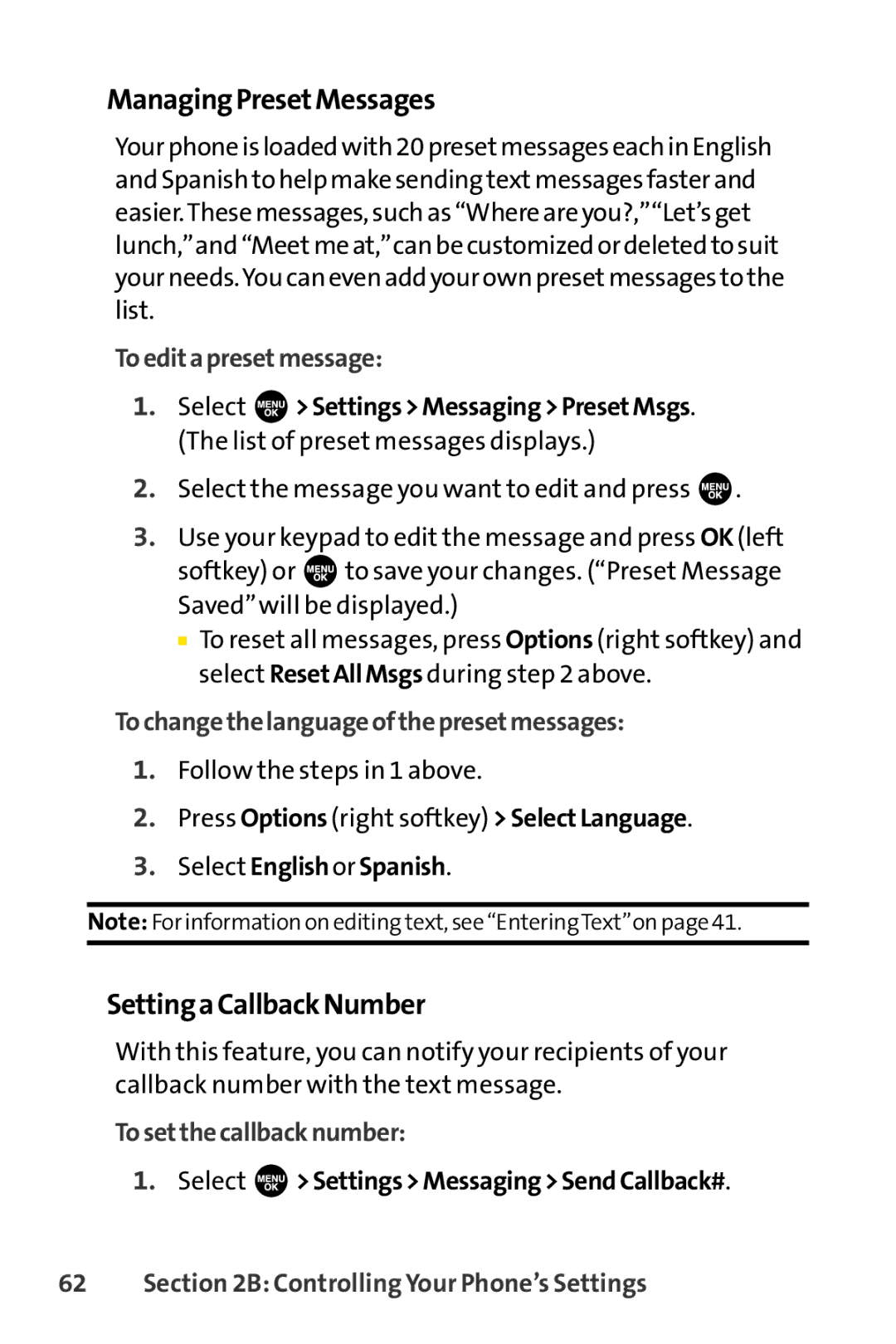 Sprint Nextel SCP-3100 manual ManagingPresetMessages, SettingaCallbackNumber, Toeditapresetmessage, Tosetthecallbacknumber 
