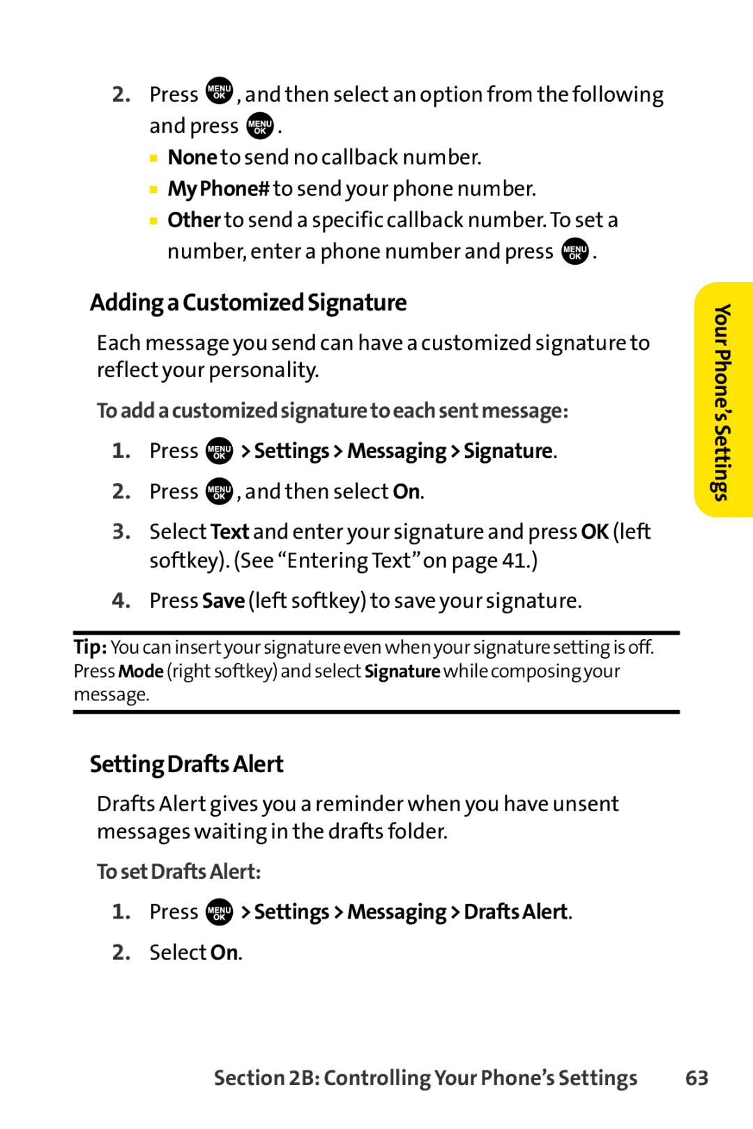 Sprint Nextel SCP-3100 manual AddingaCustomizedSignature, SettingDraftsAlert, Toaddacustomizedsignaturetoeachsentmessage 