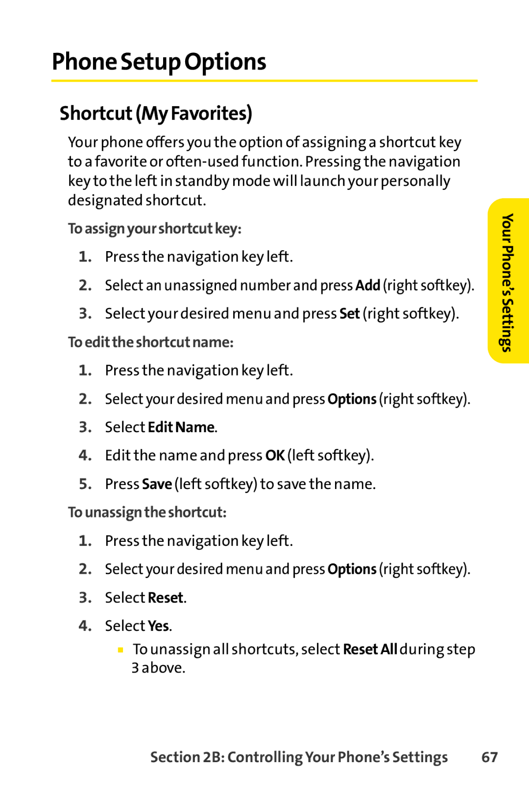 Sprint Nextel SCP-3100 manual Phone Setup Options, ShortcutMy Favorites, Toassignyourshortcutkey, Toedittheshortcutname 