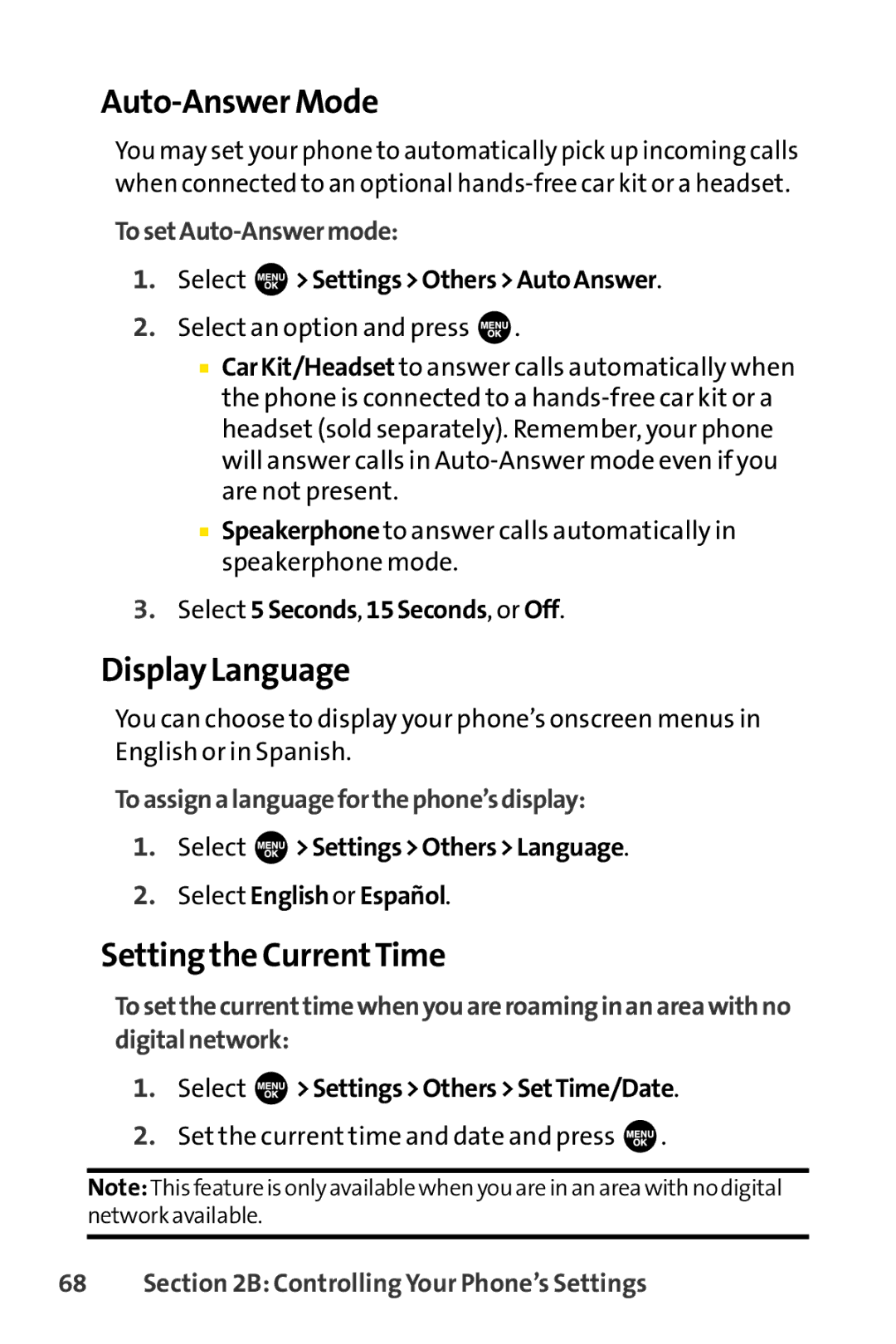 Sprint Nextel SCP-3100 manual Auto-Answer Mode, Display Language, Setting the CurrentTime, TosetAuto-Answermode 