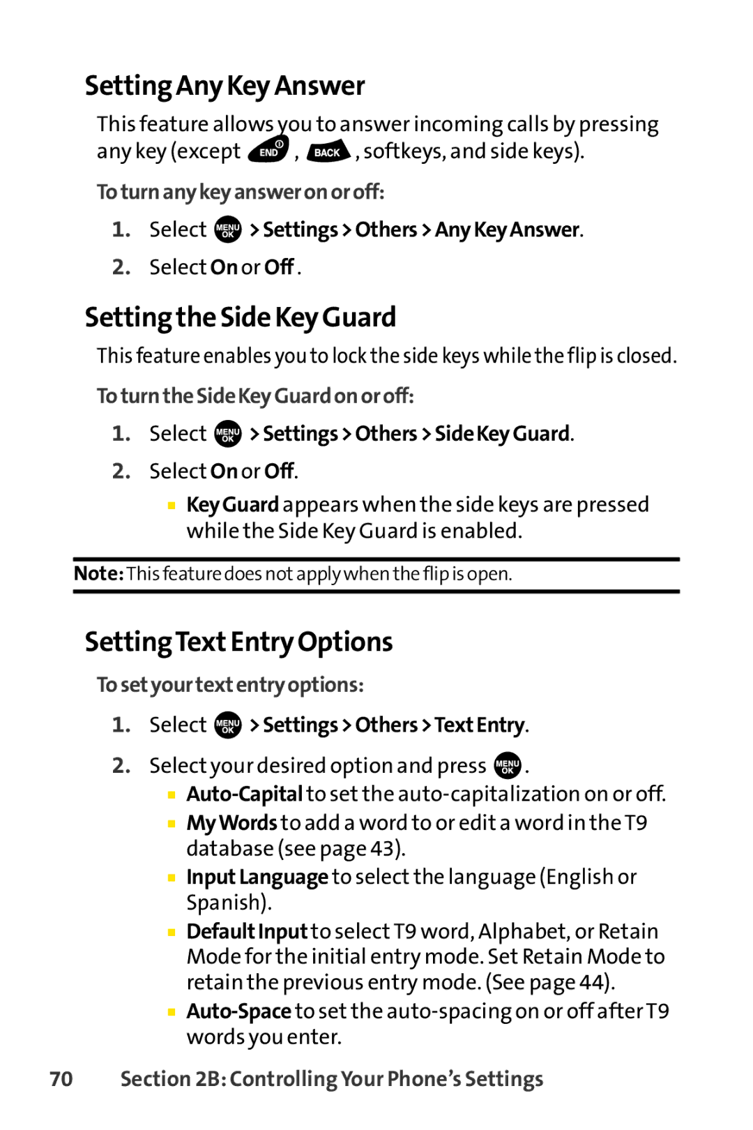 Sprint Nextel SCP-3100 manual Setting Any Key Answer, Setting the Side Key Guard, SettingTextEntry Options 