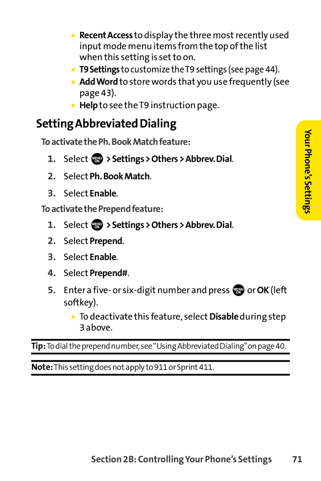 Sprint Nextel SCP-3100 manual Setting Abbreviated Dialing, ToactivatethePh.BookMatchfeature, ToactivatethePrependfeature 