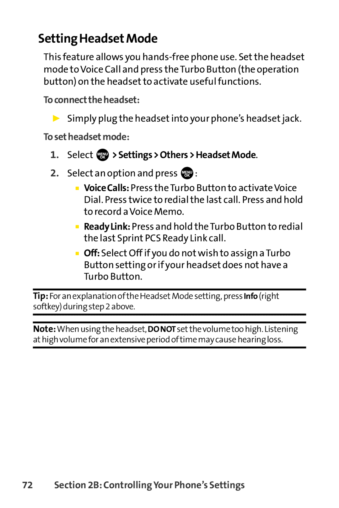 Sprint Nextel SCP-3100 Setting HeadsetMode, Toconnecttheheadset, Simply plug the headset into your phone’s headset jack 