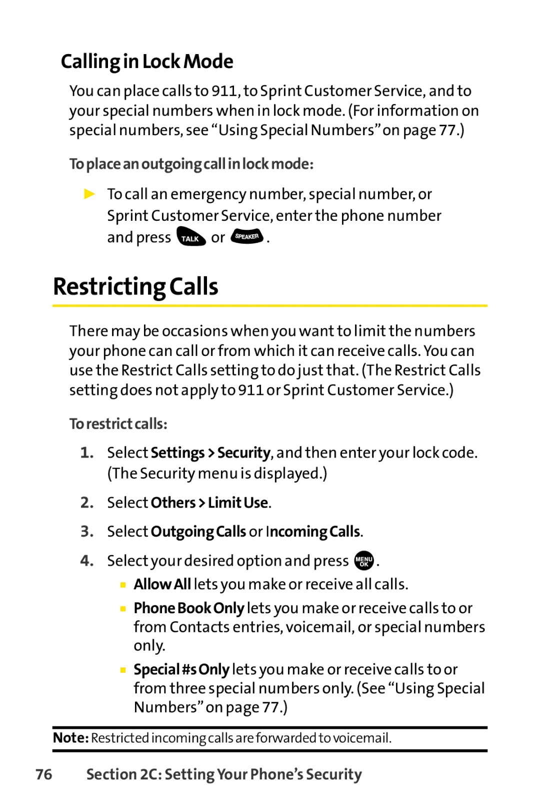 Sprint Nextel SCP-3100 manual Restricting Calls, Calling in Lock Mode, Toplaceanoutgoingcallinlockmode, Torestrictcalls 