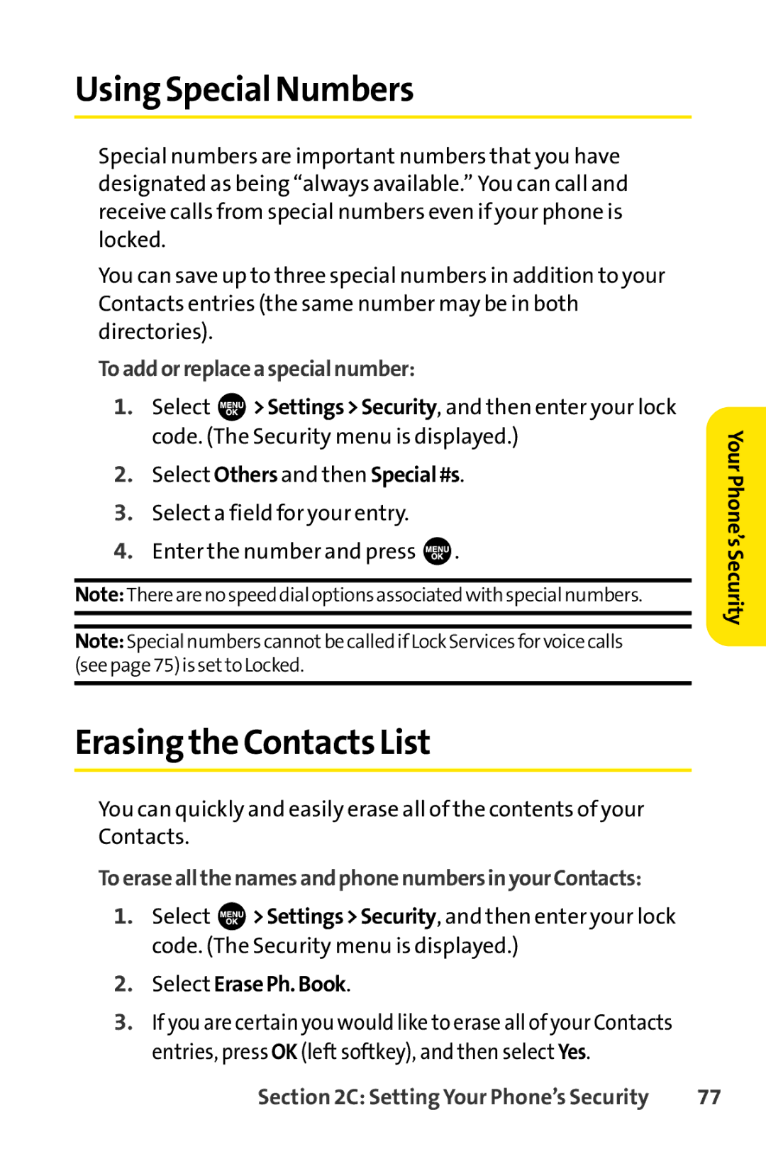 Sprint Nextel SCP-3100 Using Special Numbers, Erasingthe Contacts List, Toaddorreplaceaspecialnumber, Select ErasePh.Book 