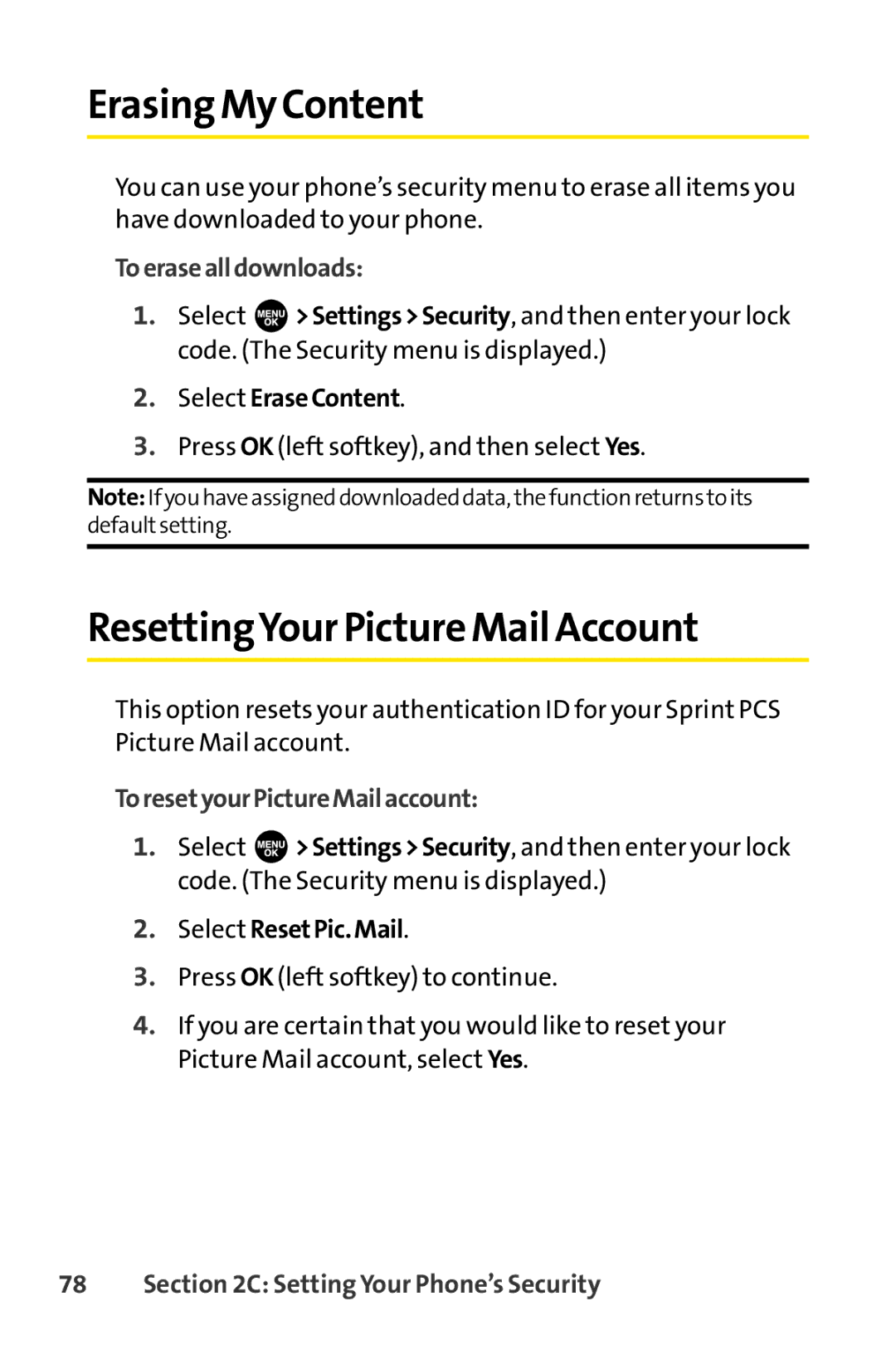 Sprint Nextel SCP-3100 manual ErasingMy Content, ResettingYour Picture Mail Account, Toerasealldownloads 