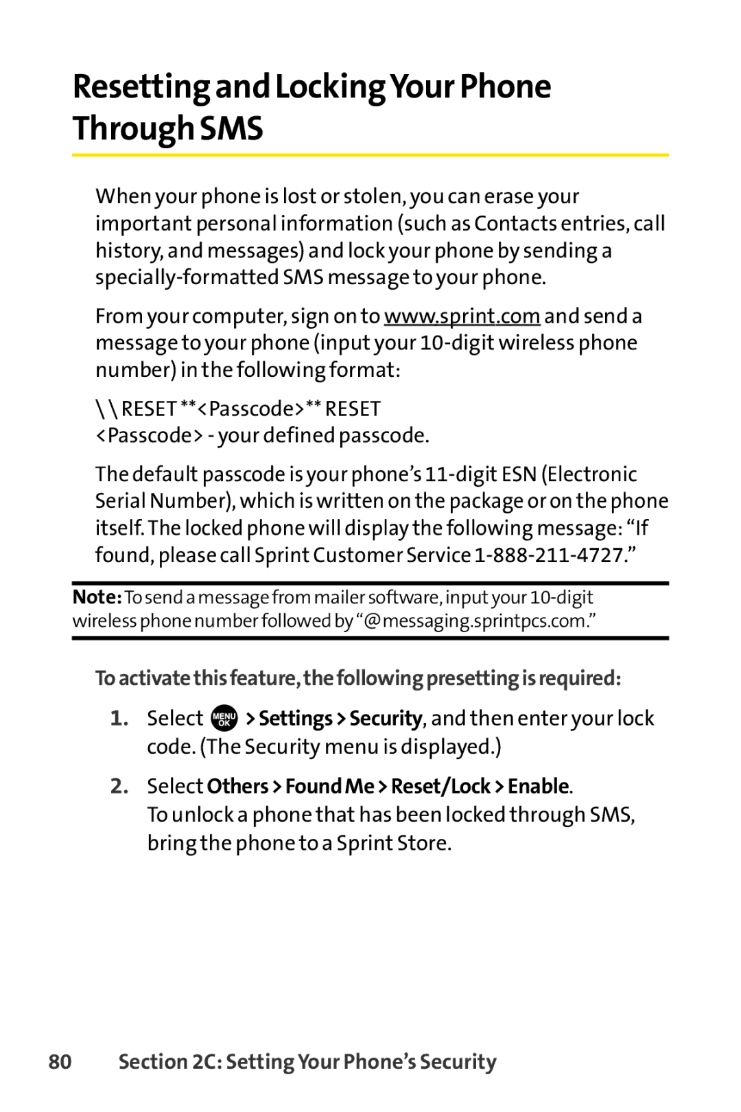 Sprint Nextel SCP-3100 Resetting and LockingYour Phone Through SMS, Toactivatethisfeature,thefollowingpresettingisrequired 