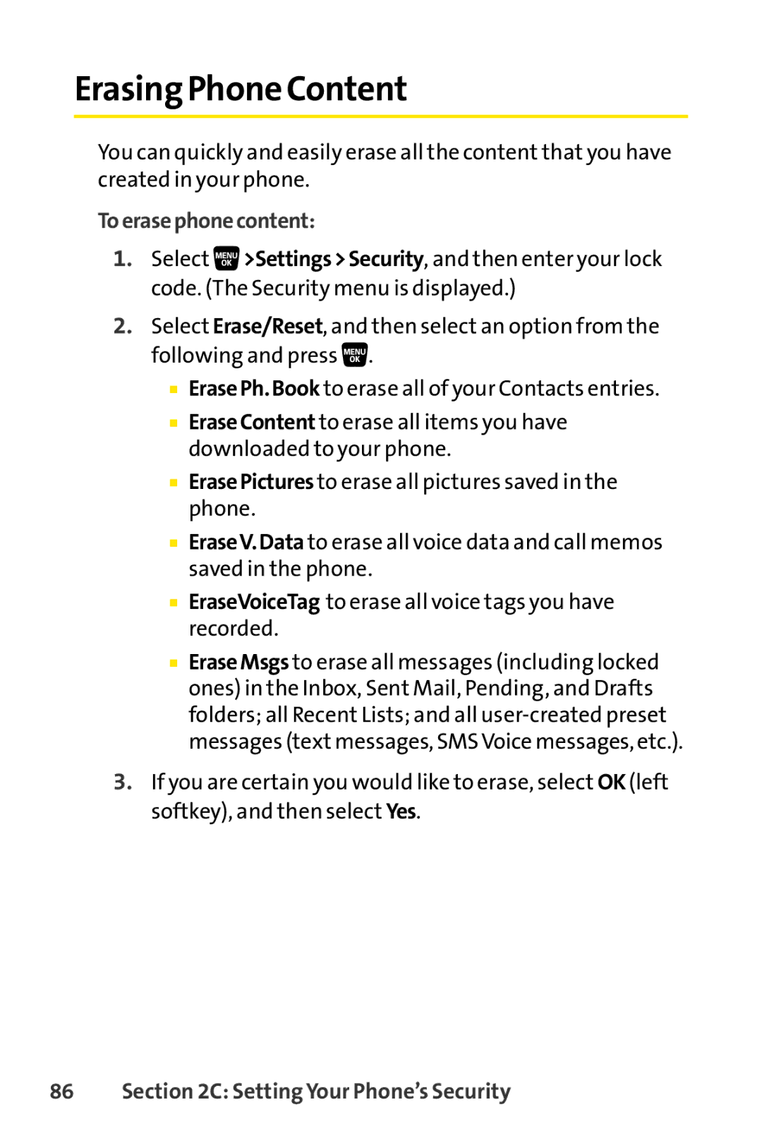 Sprint Nextel SCP-3200 manual Erasing Phone Content, Toerasephonecontent 