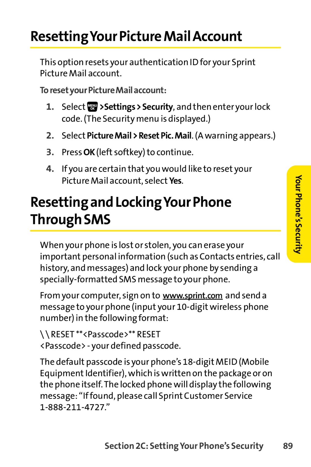 Sprint Nextel SCP-3200 manual ResettingYour Picture Mail Account, Resetting and LockingYour Phone Through SMS 