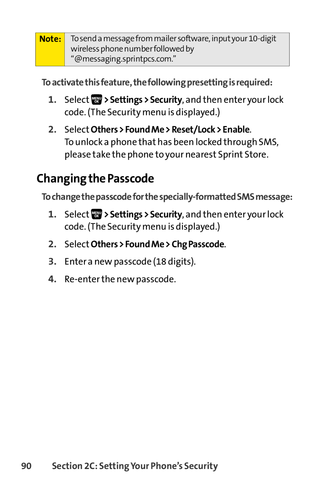 Sprint Nextel SCP-3200 manual Changing the Passcode, Toactivatethisfeature,thefollowingpresettingisrequired 