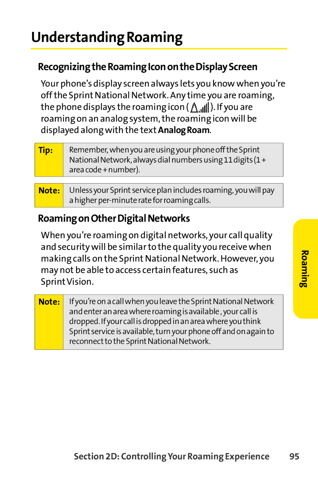 Sprint Nextel SCP-3200 Understanding Roaming, RecognizingtheRoamingIconontheDisplayScreen, RoamingonOtherDigitalNetworks 