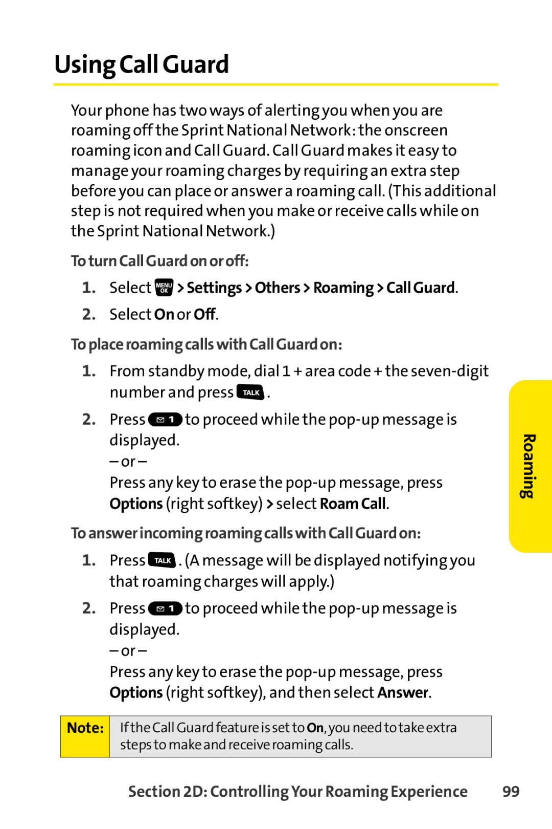 Sprint Nextel SCP-3200 manual Using Call Guard, ToturnCallGuardonoroff, Select SettingsOthersRoamingCallGuard 