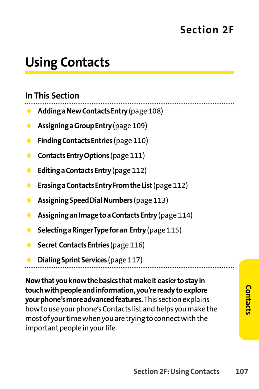 Sprint Nextel SCP-3200 manual Using Contacts, 107 