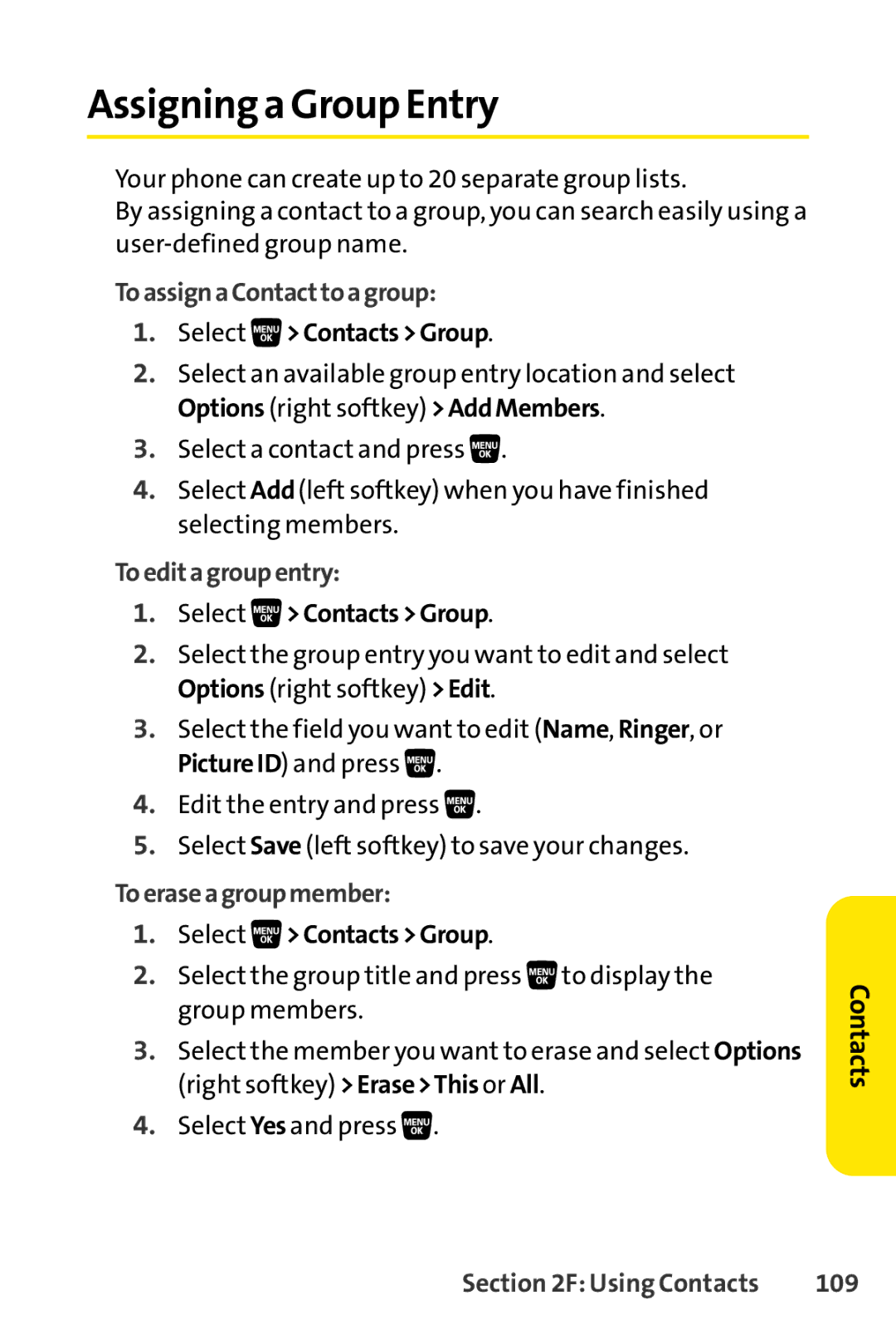 Sprint Nextel SCP-3200 Assigning a Group Entry, ToassignaContacttoagroup, Toeditagroupentry, Toeraseagroupmember, 109 