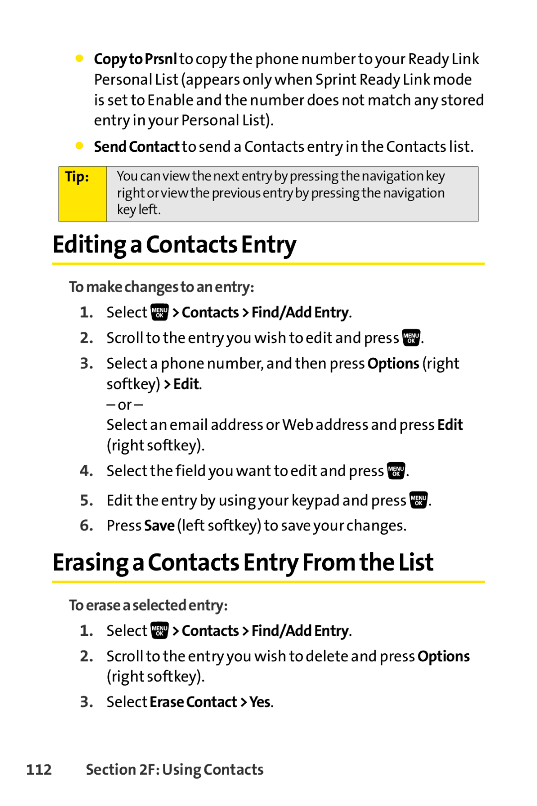 Sprint Nextel SCP-3200 manual Editing a Contacts Entry, Erasing a Contacts Entry From the List, Tomakechangestoanentry 