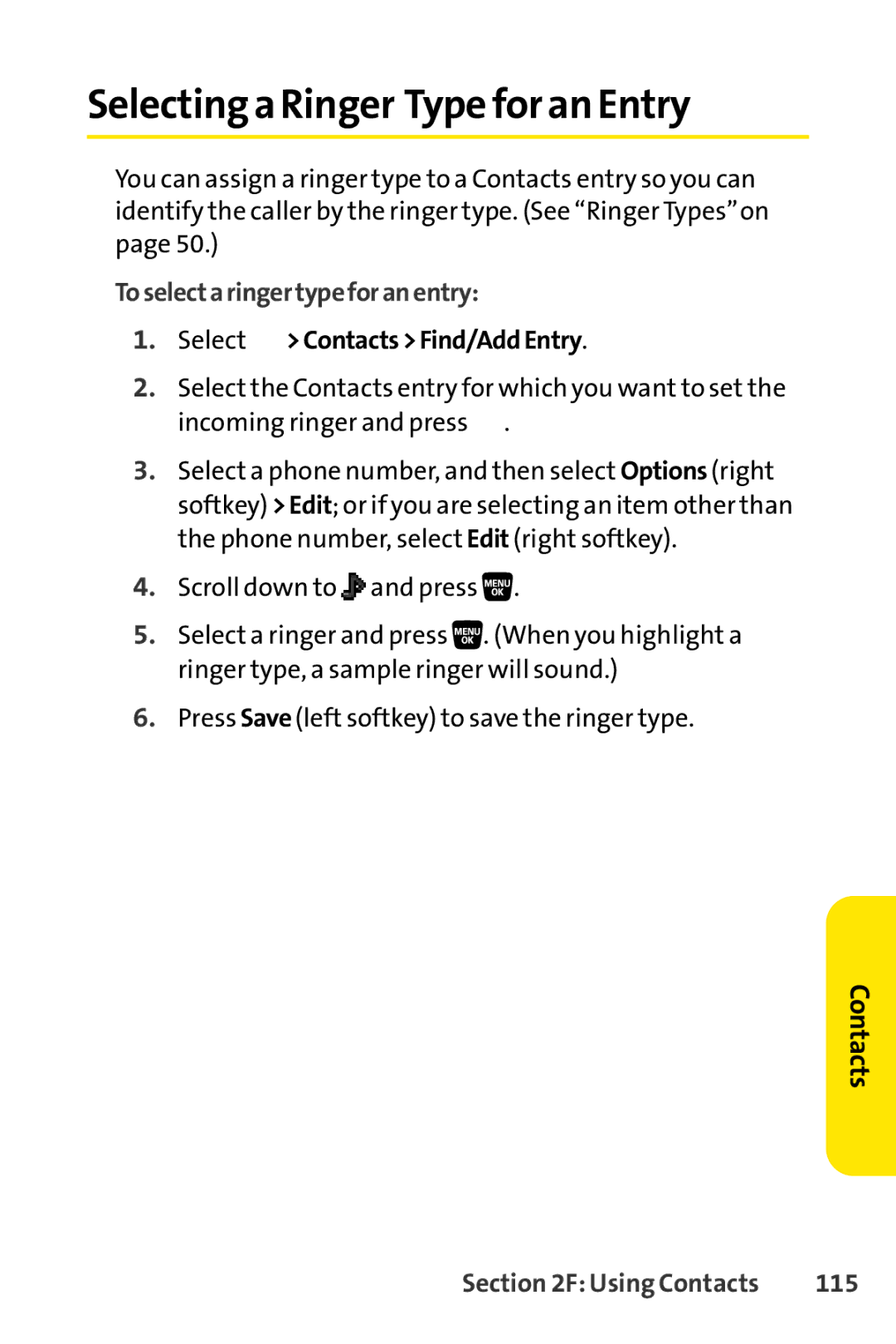 Sprint Nextel SCP-3200 manual Selecting a Ringer Type for an Entry, Toselectaringertypeforanentry, 115 