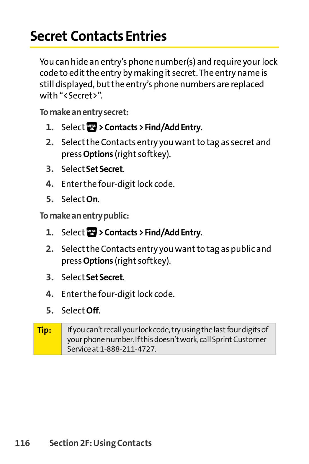 Sprint Nextel SCP-3200 Secret Contacts Entries, To make an entry secret, Select Contacts Find/Add Entry, Select SetSecret 