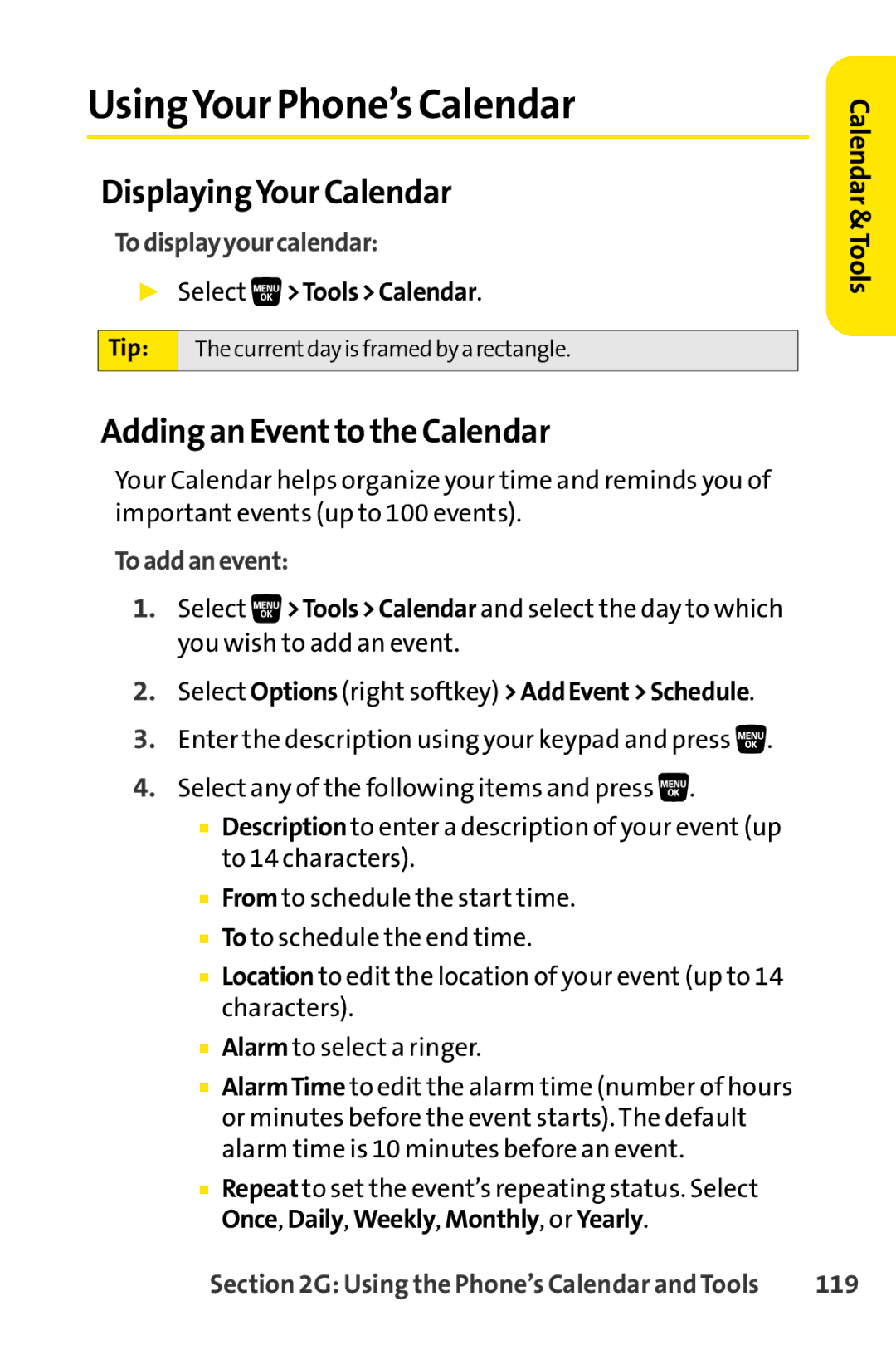 Sprint Nextel SCP-3200 manual UsingYour Phone’s Calendar, DisplayingYour Calendar, Adding an Eventto the Calendar 