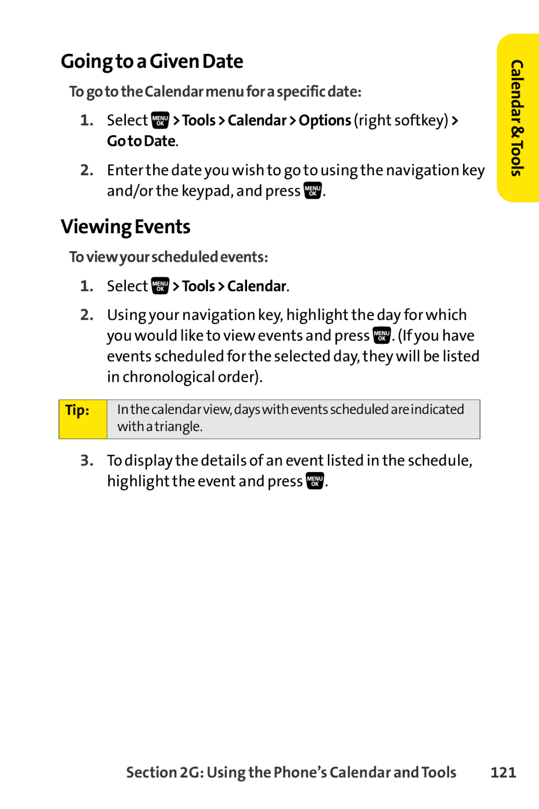 Sprint Nextel SCP-3200 manual Going to a Given Date, Viewing Events, TogototheCalendarmenuforaspecificdate, 121 