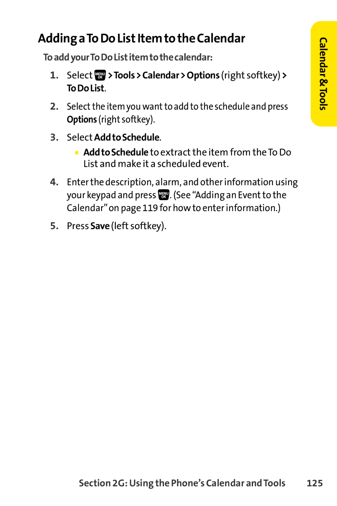 Sprint Nextel SCP-3200 Adding aTo Do ListItem to the Calendar, ToaddyourToDoListitemtothecalendar, Select AddtoSchedule 