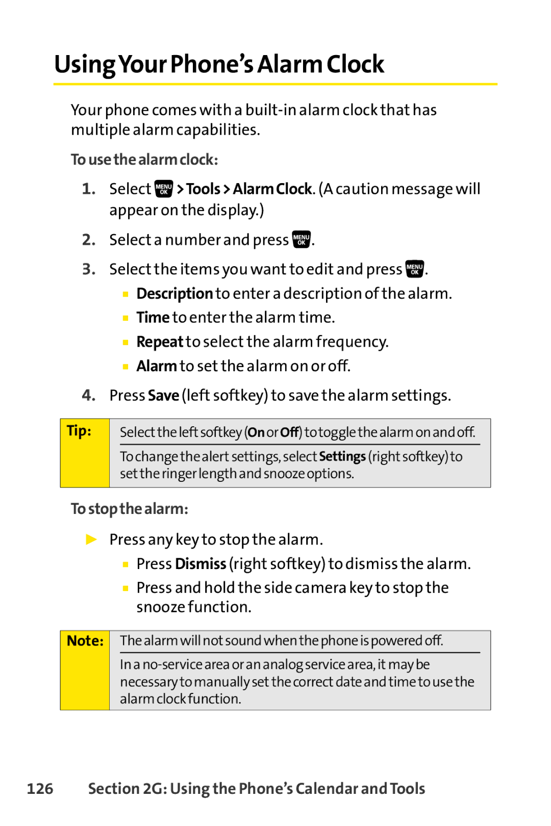 Sprint Nextel SCP-3200 manual UsingYour Phone’s Alarm Clock, Tousethealarmclock, Tostopthealarm 