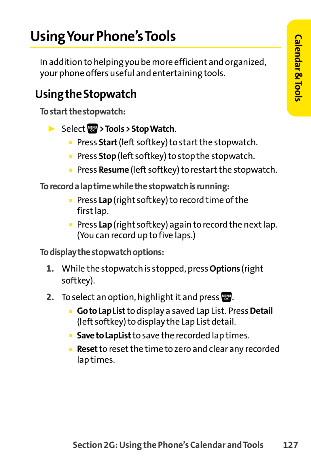 Sprint Nextel SCP-3200 manual UsingYour Phone’sTools, Using the Stopwatch 